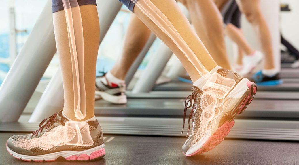 Highlighted ankle of woman on treadmill; blog: 7 Lifestyle Tips for Good Bone Health